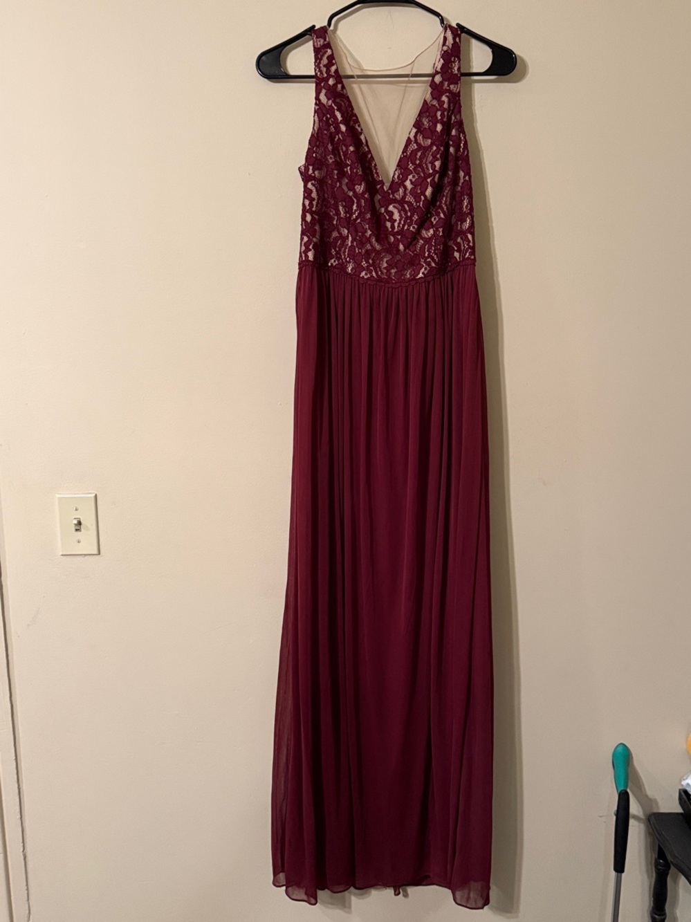 David’s Bridal Sleeveless V-Neck Lace Bodice Burgundy Bridesmaid Dress